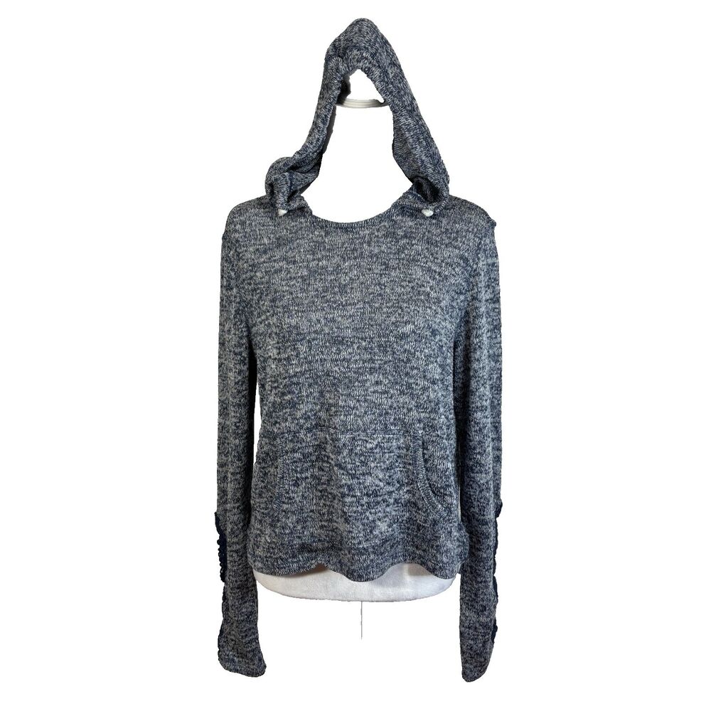 Aeropostale Womens Lightweight Hooded Sweater Marled Navy Lace Accent Boho Sz L